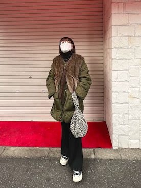 「Ray BEAMS（レイビームス）のアイテム（ノーカラーコート）」を使った、@_eさん（レディース・152cm）の冬コーディネート