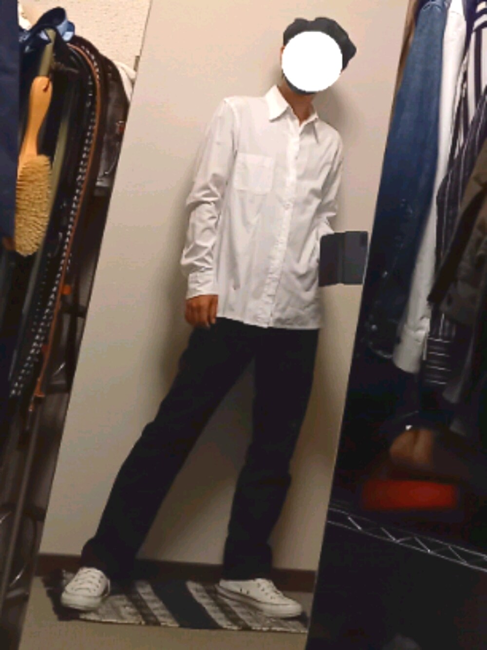 「キャスケット　デニム、Yシャツ、ワイズフォーメン、ストレートパンツ、ディッキーズ(Dickies)、ハイカットスニーカー 白、ポール・スミス×コンバース」｜「Dickiesの綿ツイルUS874型ワイドワークパンツ（その他パンツ、ブラック系）」を使った、ダイテンさん（メンズ・174cm）の秋コーディネートの1枚目の写真