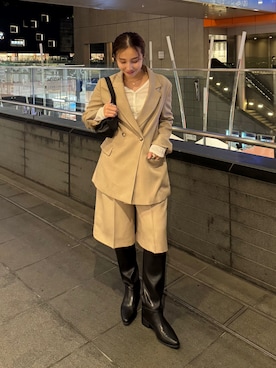 「LOUNGEDRESS（ラウンジドレス）の《セットアップ可》スカーフ付き3WAYテーラードジャケット　秋服（テーラードジャケット、ベージュ系）」を使った、linaさん（レディース・156cm）の秋コーディネート
