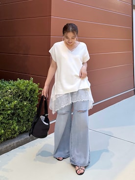「LOUNGEDRESS（ラウンジドレス）のレースシフォンキャミ（キャミソール、ホワイト系）」を使った、linaさん（レディース・156cm）の春コーディネート