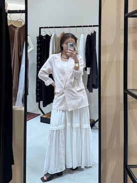 「LOUNGEDRESS（ラウンジドレス）のリネンライクシアージャケット（テーラードジャケット、ピンク系）」を使った、linaさん（レディース・156cm）の春コーディネート
