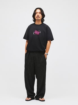 「JOURNAL STANDARD（ジャーナルスタンダード）のリネン ポリ ストライプ オーバー パンツ（スラックス、ブラック系）」を使った、syuさん（メンズ・174cm）の春コーディネート
