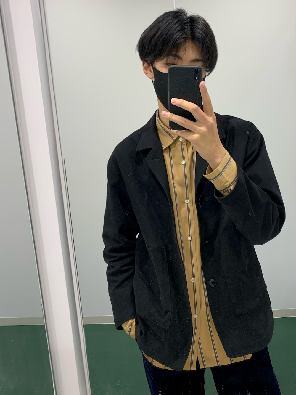 「大人コーデ、おしゃれさんと繋がりたい、秋、シンプルスタイル、秋コーデ、TAKEO KIKUCHI、UNIQLO、Steven Alan、STILL BY HAND、ストライプ、ストライプシャツ、高校生」｜「Steven Alanの30,000円（ジャケット/アウター、ブラック系）」を使った、uchida さん（メンズ・184cm）の秋コーディネートの1枚目の写真