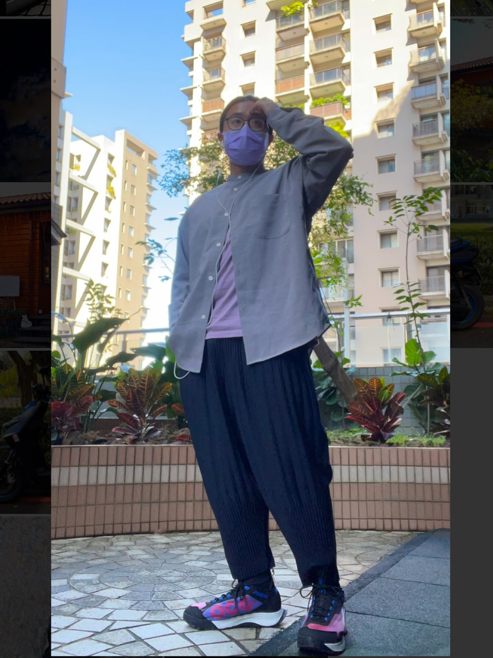 「Violet」｜「GUのアイテム（シャツ/ブラウス、グレー系）」を使った、徐納森．徐斯達 さん（メンズ・168cm）の秋コーディネートの1枚目の写真