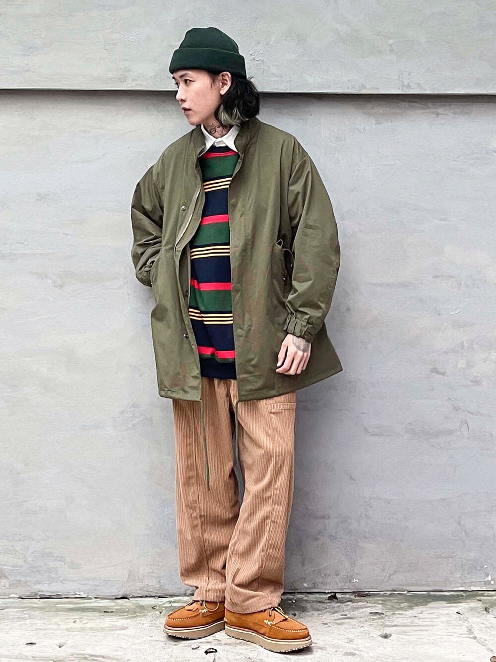 「ootd、ootdtw、daily look、outfit、Taiwan、TAIPEI、vintage、古着MIX、學院風、ＩＶＹ、秋冬コーデ、秋服、冬コーデ」｜「no brandのアイテム（その他シューズ、オレンジ系）」を使った、ffflea👾さん（メンズ・178cm）の秋コーディネートの1枚目の写真