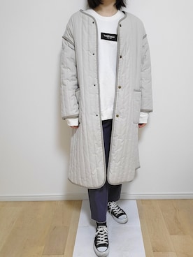 「ワッペン」｜「アイテム（ノーカラーコート）」を使った、-R-さん（レディース・161cm）の春コーディネート