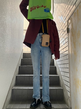 「アイテム（ミリタリージャケット、レッド系）」を使った、sinoさん（レディース・167cm）の冬コーディネート