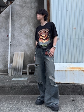 「ANDER HUNK（アンダーハンク）のDamege Chemical Wash Denim/ダメージケミカルウォッシュデニム（デニムパンツ）」を使った、ともき / 畳屋さんさん（メンズ・174cm・20代）の夏コーディネート