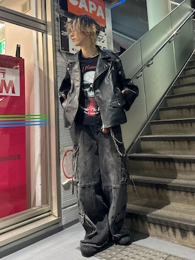 「アイテム（ライダースジャケット）」を使った、ともき / 畳屋さんさん（メンズ・174cm）の秋コーディネート