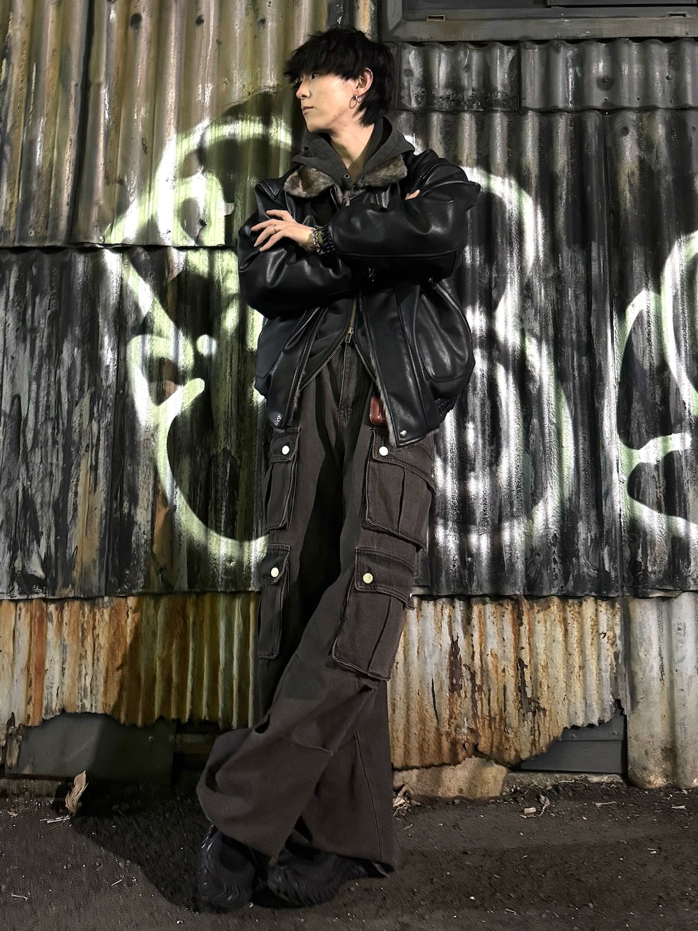 Camphor wood フェイクレザーファーリバーシブルフライトジャケット L leather/fur faux reversible flight jacket / フェイクレザー