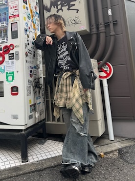 「アイテム（ライダースジャケット）」を使った、ともき / 畳屋さんさん（メンズ・174cm）の秋コーディネート
