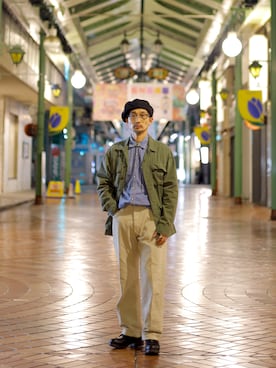 「CMF OUTDOOR GARMENT（シーエムエフアウトドアガーメント）のアイテム（ハンチング/ベレー帽、ブラック系）」を使った、ショウタロウさん（メンズ・175cm）の春コーディネート