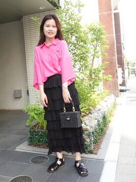 「CORNERS（コーナーズ）のスクエアカゴバニティバッグ（かごバッグ）」を使った、あかねさん（レディース・164cm）の夏コーディネート