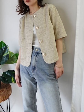 「CORNERS（コーナーズ）のデニムスリムストレートスリットパンツ（デニムパンツ、ブルー系）」を使った、あかねさん（レディース・165cm）の夏コーディネート