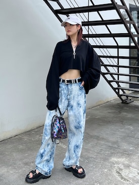 「ブリーチデニム」｜「アイテム（帽子）」を使った、サエさん（レディース・159cm）の夏コーディネート