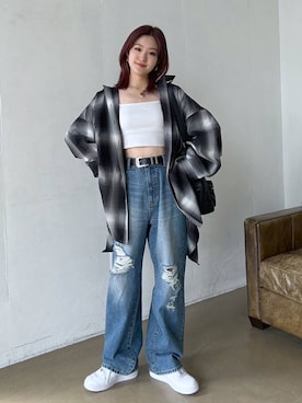 「PAGEBOY（ページボーイ）のオンブレチェックルーズシャツ（シャツ/ブラウス）」を使った、サエさん（レディース・159cm）の夏コーディネート