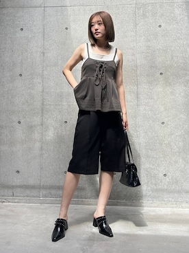 「PAGEBOY（ページボーイ）の＜まるでデニム見え！/紫外線カット/接触冷感/ストレッチ＞マルデニペプラムビスチェ（その他トップス、ブラウン系）」を使った、サエさん（レディース・159cm）の夏コーディネート