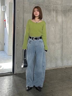 「PAGEBOY（ページボーイ）のヴィンテージバックルベルト（ベルト、ブラック系）」を使った、サエさん（レディース・159cm）の春コーディネート