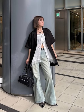 「PAGEBOY（ページボーイ）のスリムレッグフレアデニム【4color/4size】（デニムパンツ、ブルー系）」を使った、サエさん（レディース・159cm）の春コーディネート