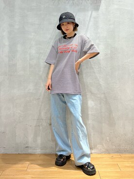 「PBLIM（ページボーイリム）のPAGEBOYLIM/ロゴ刺繍バケットハット2（ハット）」を使った、サエさん（レディース・159cm）の夏コーディネート