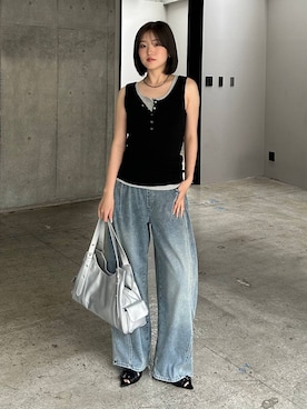 「PAGEBOY（ページボーイ）の＜まるでデニム見え！/紫外線カット/接触冷感＞マルデニコクーンパンツ（デニムパンツ、ブルー系）」を使った、サエさん（レディース・159cm）の春コーディネート