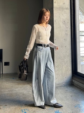 「PAGEBOY（ページボーイ）のヴィンテージバックルベルト（ベルト、ブラック系）」を使った、サエさん（レディース・159cm）の春コーディネート