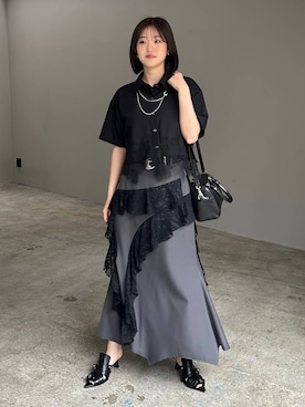 「PAGEBOY（ページボーイ）のヴィンテージバックルベルト（ベルト、ブラック系）」を使った、サエさん（レディース・159cm）の春コーディネート