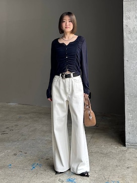 「PAGEBOY（ページボーイ）のヴィンテージバックルベルト（ベルト、ブラック系）」を使った、サエさん（レディース・159cm）の春コーディネート