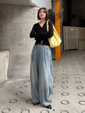 「PAGEBOY（ページボーイ）のヴィンテージバックルベルト（ベルト、ブラック系）」を使った、サエさん（レディース・159cm）の春コーディネート