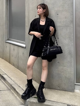 「PAGEBOY（ページボーイ）のレースアップソックスブーツ（ブーツ、ブラック系）」を使った、サエさん（レディース・159cm）の春コーディネート