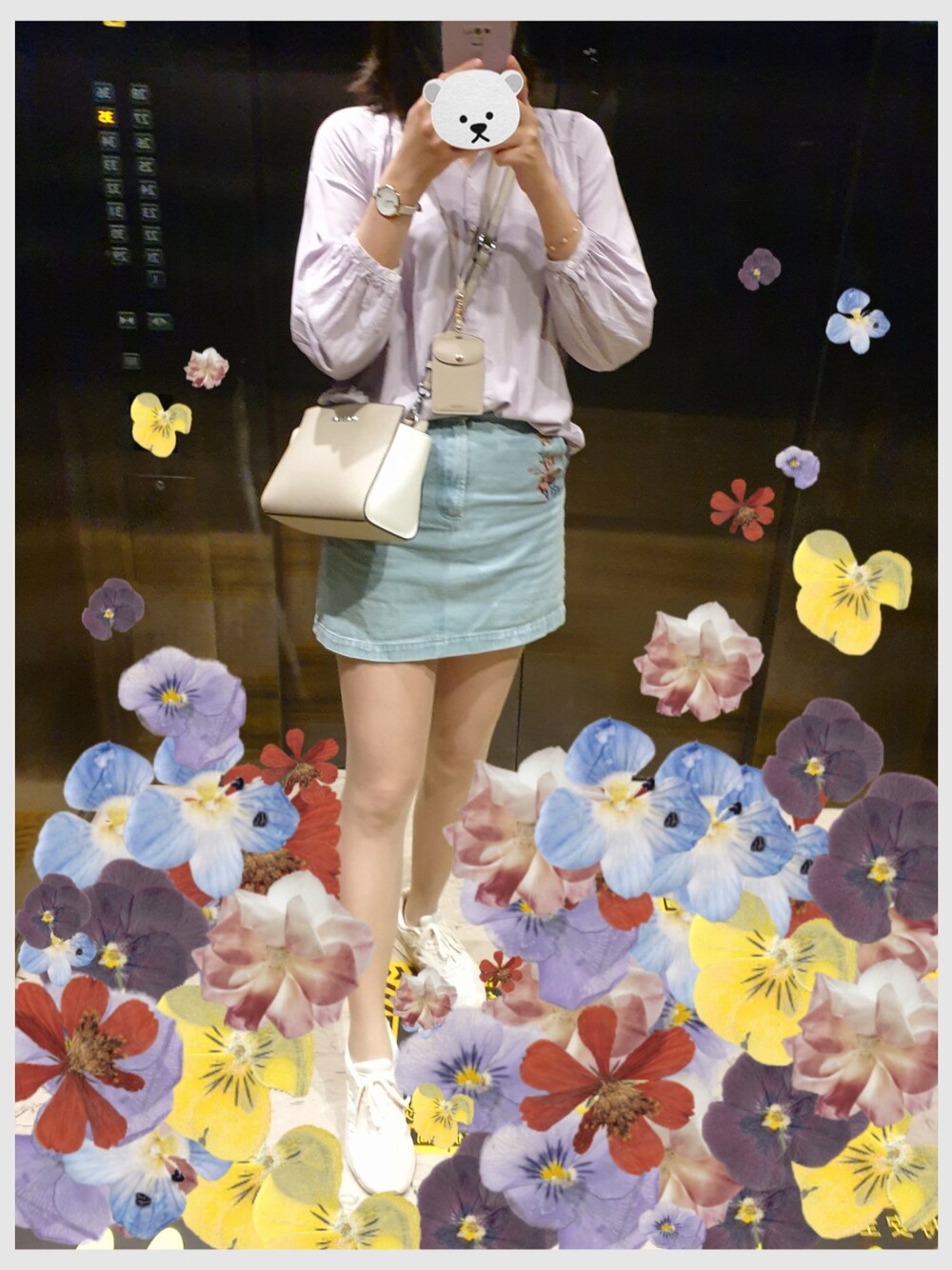 「ootd、紫色、牛仔短裙」｜「GLOBAL WORKのサラサラリラックスブラウス/891221（シャツ/ブラウス、ピンク系）」を使った、🧸175さん（レディース・175cm）の秋コーディネートの1枚目の写真