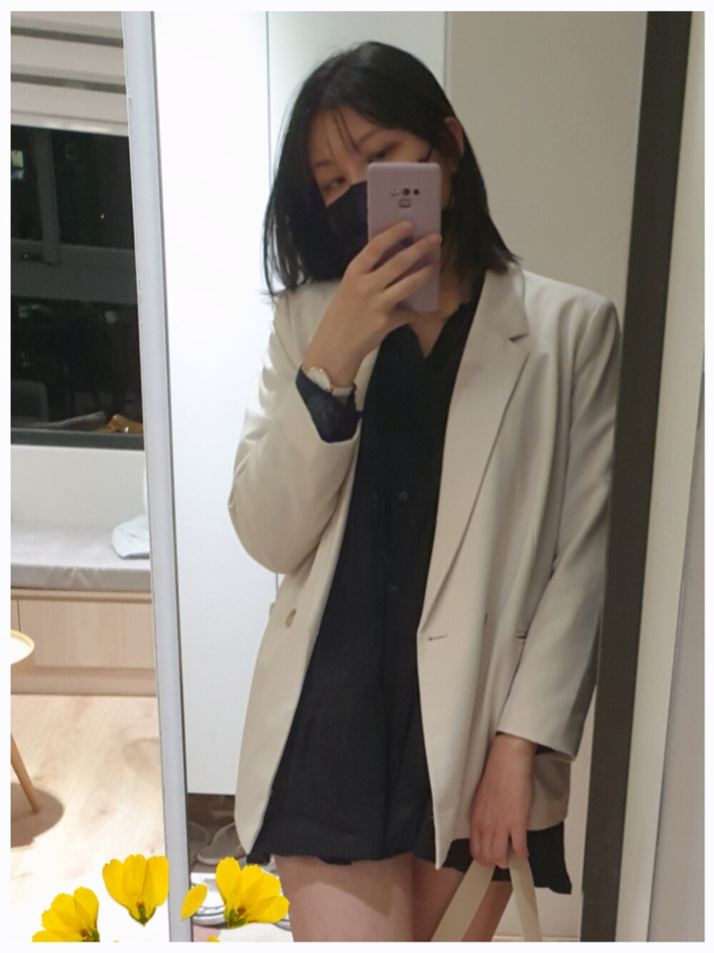 「ootd、黑白搭配、西裝外套」｜「H&Mのアイテム（テーラードジャケット、ホワイト系）」を使った、🧸175さん（レディース・175cm）の秋コーディネートの1枚目の写真