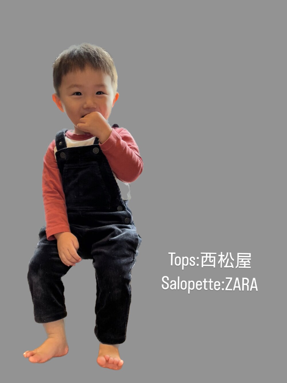 「キッズコーデ、ファッションを楽しもう、男の子コーデ、キッズファッション、1歳、男の子、サロペット、西松屋、ZARA、ZARA KIDS」｜「ZARA KIDSのアイテム（サロペット/オーバーオール、ブルー系）」を使った、𝗥𝗶𝗶𝗰𝗵𝗶𝗿𝗼🦕さん（キッズ・90cm）の秋コーディネートの1枚目の写真