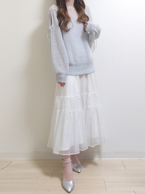 新品 ジャスグリッティー ラメドット フリルスカート 白 アイボリー JUSGLITTY（ジャスグリッティー）の「プチラメドットティアード