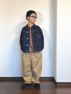 「アイテム（カーゴパンツ）」を使った、ryoooutaaaさん（キッズ・129cm）の秋コーディネート