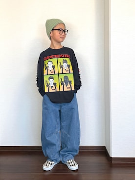 「アイテム（デニムパンツ）」を使った、ryoooutaaaさん（キッズ・129cm）の秋コーディネート