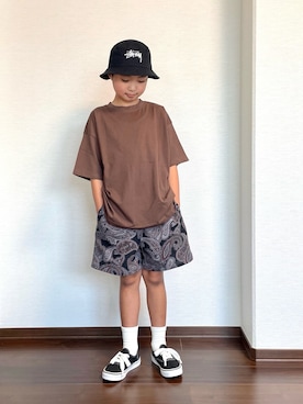 「PAIRMANON STREET（ペアマノンストリート）の【PAIRMANON STREET】裏毛 総柄 プリント ショートパンツ（スウェットパンツ）」を使った、ryoooutaaaさん（キッズ・129cm）の夏コーディネート