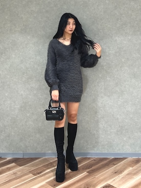 「シャギー」｜「アイテム（ワンピース/ドレス）」を使った、永田真弓さん（レディース・168cm）の冬コーディネート