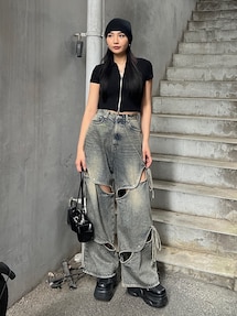 【MM】カットアウト ジーンズ☆SALE中 カットアウトルーズジーンズ｜エモダ（EMODA）公式通販｜RUNWAY