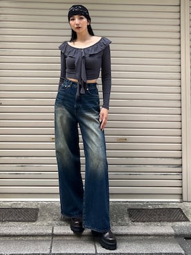 「アイテム（ニットキャップ/ビーニー）」を使った、永田真弓さん（レディース・168cm）の夏コーディネート