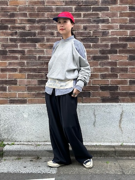 「BEAMS BOY（ビームスボーイ）の100/2 ギンガムチェック ボタンダウン シャツ（シャツ/ブラウス、ブルー系）」を使った、黒田 彩乃さん（レディース・153cm）の春コーディネート