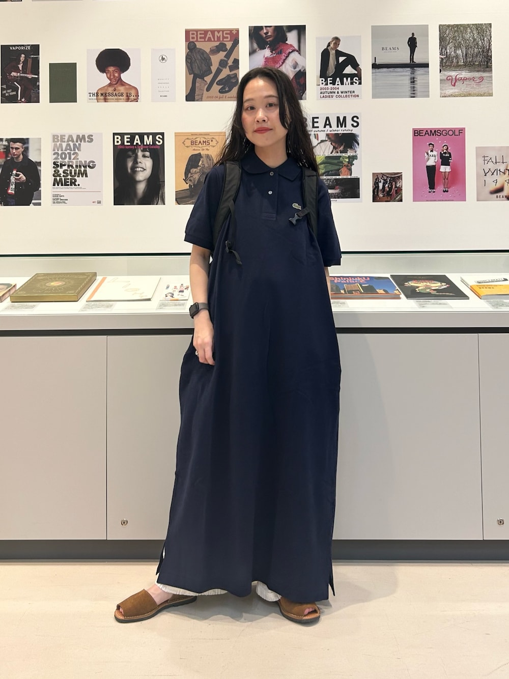 「アークテリクス、ワンピース、ワンピーススタイル、ラコステ、ラコステ(LACOSTE)、バックパック、バックパック/リュック、夏、夏コーデ、いいね、save、フォローお願いします🤑、低身長、低身長コーデ」｜「LACOSTEの【別注】LACOSTE / ロング ピケ ドレス（ワンピース、ブルー系）」を使った、黒田 彩乃さん（骨格ストレート・レディース・153cm）の春コーディネートの1枚目の写真