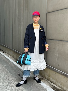 「BEAMS BOY（ビームスボーイ）の【別注】DECHO / LOGO CAP（ハット、レッド系）」を使った、黒田 彩乃さん（レディース・153cm）の春コーディネート