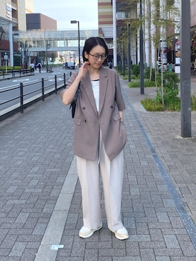 「nissen（ニッセン）の麻調合繊半袖ダブルブレストジャケット(しわになりにくい・接触冷感・UVカット・ウォッシャブル)<大きいサイズ有>（ジャケット/アウター、ブラウン系）」を使った、あやぱんさん（レディース・157cm）の春コーディネート