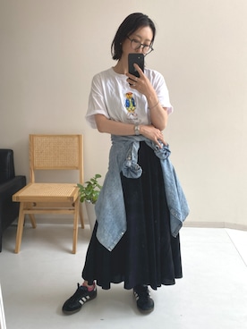 「nissen（ニッセン）の綿１００％テディベアプリントＴシャツ（Tシャツ/カットソー、ホワイト系）」を使った、あやぱんさん（レディース・157cm）の夏コーディネート