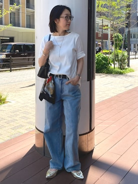 「nissen（ニッセン）のゆるフィットワイドパンツ(選べる2レングス)＜大きいサイズ有＞（パンツ、ブルー系）」を使った、あやぱんさん（レディース・157cm）の春コーディネート