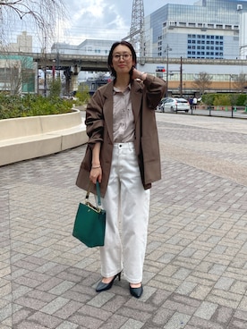 「nissen（ニッセン）のゆるフィットワイドパンツ(選べる2レングス)（デニムパンツ、ホワイト系）」を使った、あやぱんさん（レディース・157cm）の春コーディネート