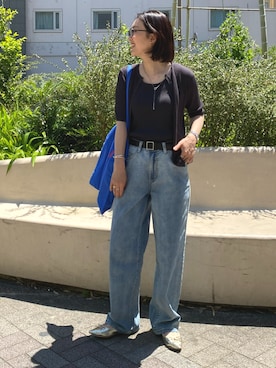 「nissen（ニッセン）のゆるフィットワイドパンツ(選べる2レングス)＜大きいサイズ有＞（パンツ、ブルー系）」を使った、あやぱんさん（レディース・157cm）の春コーディネート