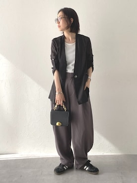 「nissen（ニッセン）の【接触冷感】ゆったりサイズコクーンパンツ ［Soiunique］（パンツ、ブラウン系）」を使った、あやぱんさん（レディース・157cm）の春コーディネート