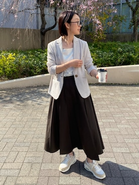 「7days Life Styling（セブンデイズライフスタイリング）の【セットアップ対応】テーラードジャケット（上下別売・うすカルジャージーシリーズ）（スーツジャケット、ベージュ系）」を使った、あやぱんさん（レディース・157cm）の春コーディネート